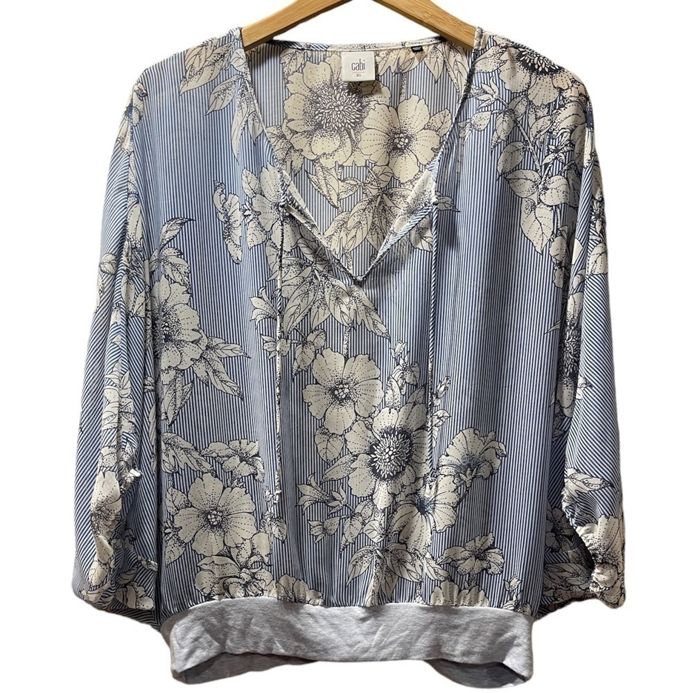CAbi Floral Stripe Dolman Sleeve Sheer Tie Neckline Flowly Blouse Women's Sz XS